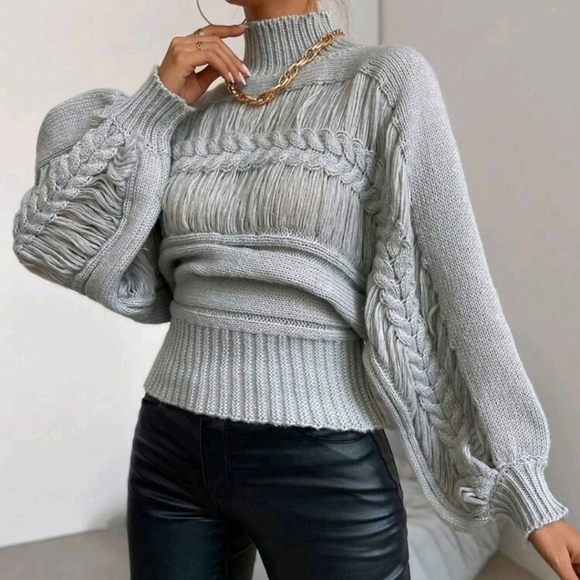 Mock Neck Cable Knit Lantern Sleeve Ripped Sweater,Long Sleeve Tops - Picture 2 of 5